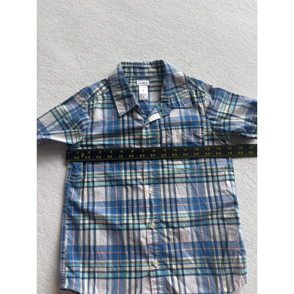 Carter's Plaid Button Down Shirt Kids Boys Size 7 Blue Green Short Sleeve Cotton - Picture 4 of 7